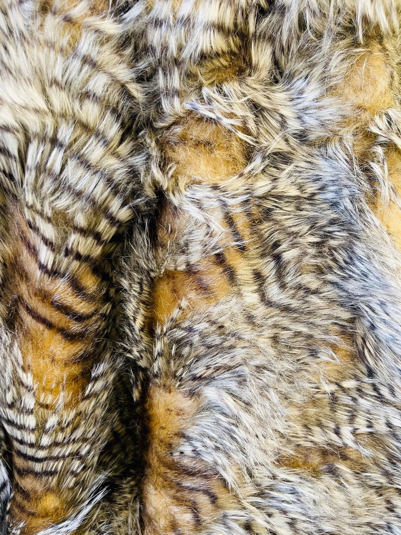 60" Feather Shaggy Faux Fur - Champagne / Brown - Soft Long Pile Thick Faux Fur Fabric By Yard