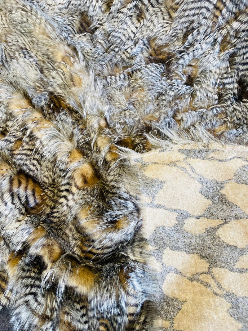 60" Feather Shaggy Faux Fur - Champagne / Brown - Soft Long Pile Thick Faux Fur Fabric By Yard