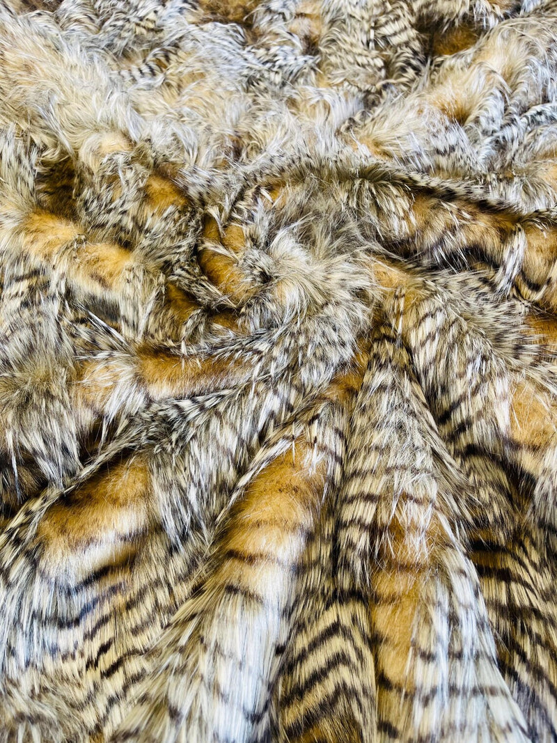 60" Feather Shaggy Faux Fur - Champagne / Brown - Soft Long Pile Thick Faux Fur Fabric By Yard