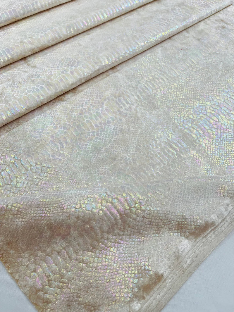 Champagne Iridescent Illusion Anaconda Foil Printed On Stretch Velvet - Sold By The Yard