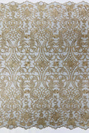 Damask Fancy Design - Champagne - Embroidered Black Mesh Damask Design Lace Fabric Sold by Yard