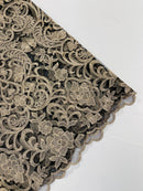Damask Fancy Design - Champagne - Embroidered Black Mesh Damask Design Lace Fabric Sold by Yard