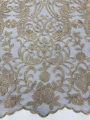 Damask Fancy Design - Champagne - Embroidered Black Mesh Damask Design Lace Fabric Sold by Yard