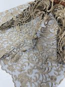 Damask Fancy Design - Champagne - Embroidered Black Mesh Damask Design Lace Fabric Sold by Yard