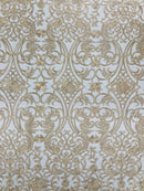 Damask Fancy Design - Champagne - Embroidered Black Mesh Damask Design Lace Fabric Sold by Yard