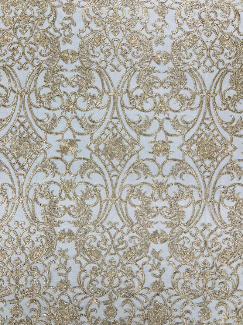 Damask Fancy Design - Champagne - Embroidered Black Mesh Damask Design Lace Fabric Sold by Yard