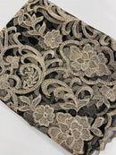 Damask Fancy Design - Champagne - Embroidered Black Mesh Damask Design Lace Fabric Sold by Yard