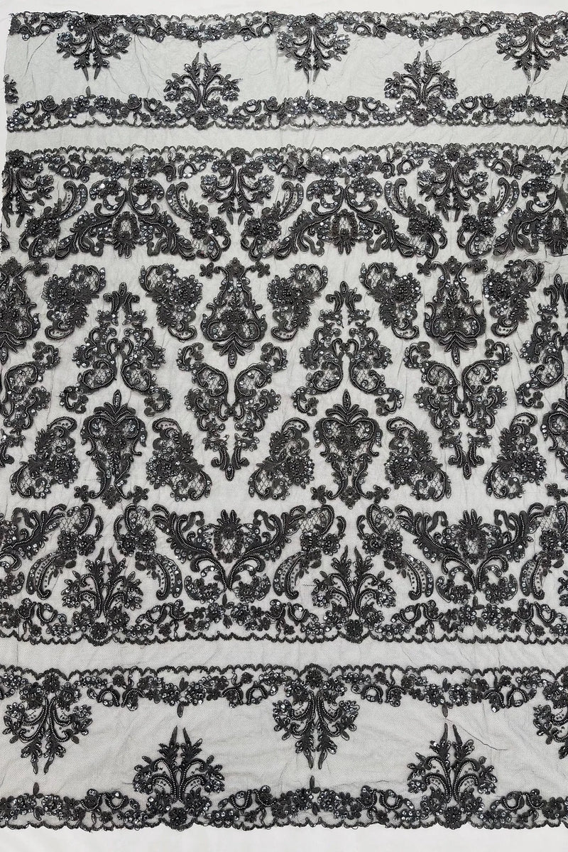 My Lady Beaded Fabric - Charcoal - Damask Beaded Sequins Embroidered Fabric By Yard
