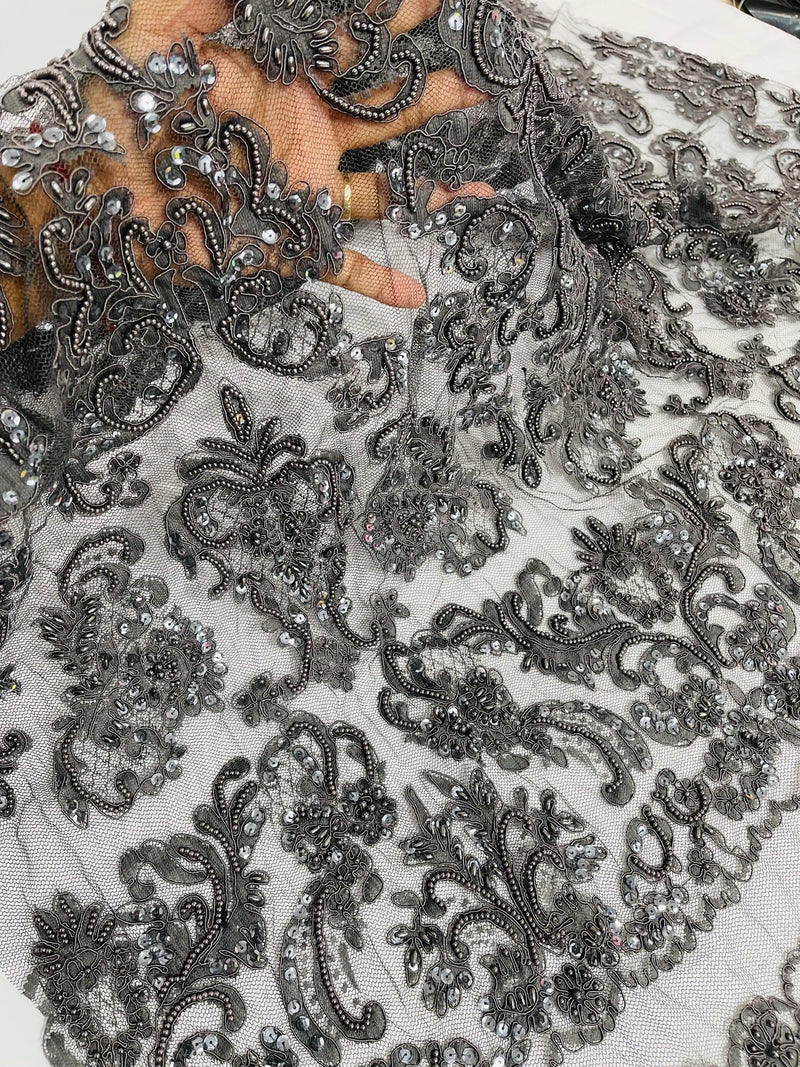 My Lady Beaded Fabric - Charcoal - Damask Beaded Sequins Embroidered Fabric By Yard