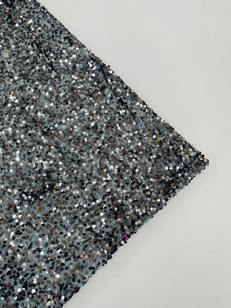 58/60" Velvet Sequins Stretch Fabric - Charcoal - Velvet Sequins 2 Way Stretch Sold By Yard