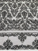 My Lady Beaded Fabric - Charcoal - Damask Beaded Sequins Embroidered Fabric By Yard