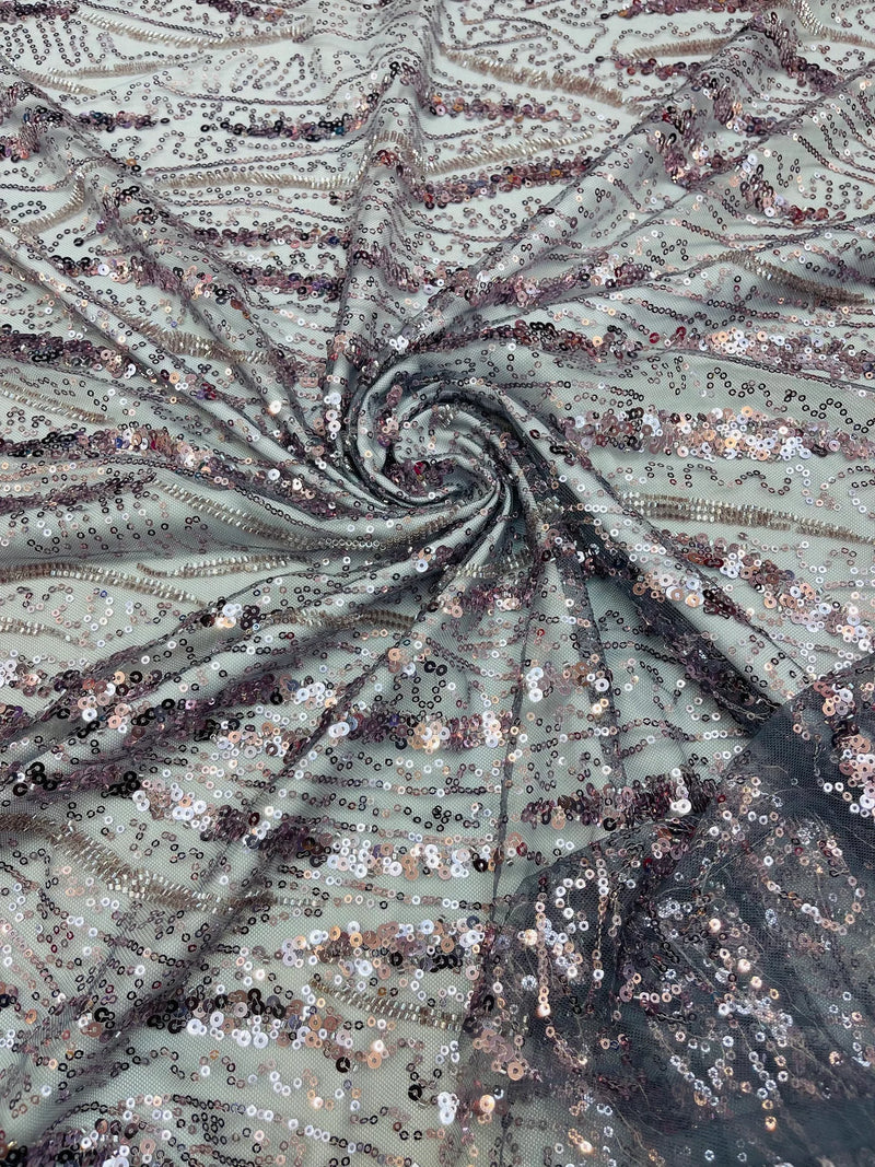 Wavy Leaf Lines Fabric - Charcoal - Beaded Sequins Leaf Pattern Embroidered On Mesh By Yard
