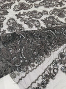 My Lady Beaded Fabric - Charcoal - Damask Beaded Sequins Embroidered Fabric By Yard