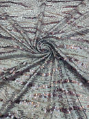 Wavy Leaf Lines Fabric - Charcoal - Beaded Sequins Leaf Pattern Embroidered On Mesh By Yard