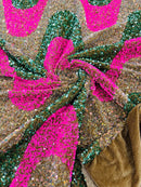 Wavy Line Design Velvet Sequins - Clear/Hot Pink/Green - Velvet Sequins Fabric 2 Way Stretch 58"- 60" By Yard