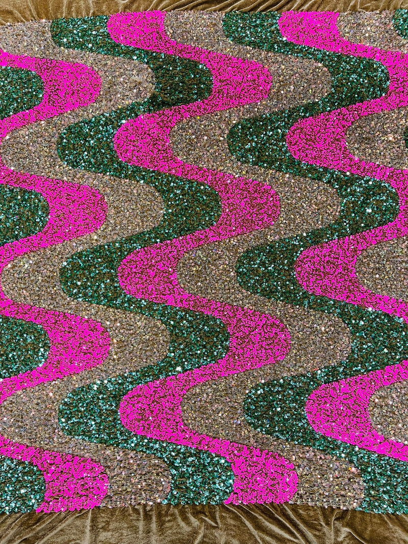 Wavy Line Design Velvet Sequins - Clear/Hot Pink/Green - Velvet Sequins Fabric 2 Way Stretch 58"- 60" By Yard