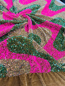 Wavy Line Design Velvet Sequins - Clear/Hot Pink/Green - Velvet Sequins Fabric 2 Way Stretch 58"- 60" By Yard