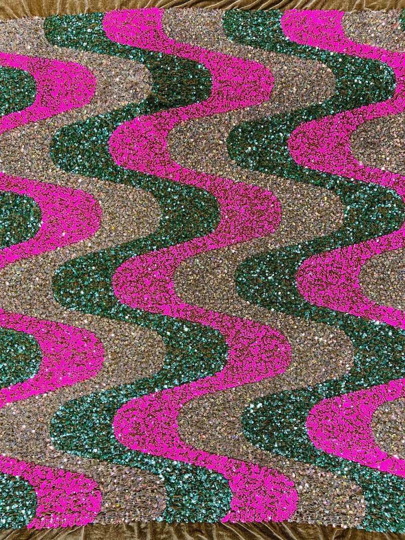 Wavy Line Design Velvet Sequins - Clear/Hot Pink/Green - Velvet Sequins Fabric 2 Way Stretch 58"- 60" By Yard