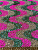 Wavy Line Design Velvet Sequins - Clear/Hot Pink/Green - Velvet Sequins Fabric 2 Way Stretch 58"- 60" By Yard