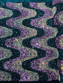 Wavy Line Design Velvet Sequins - Clear/Hunter Green/Rose - Velvet Sequins Fabric 2 Way Stretch 58"/60" Yard