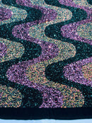 Wavy Line Design Velvet Sequins - Clear/Hunter Green/Rose - Velvet Sequins Fabric 2 Way Stretch 58"/60" Yard
