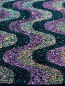 Wavy Line Design Velvet Sequins - Clear/Hunter Green/Rose - Velvet Sequins Fabric 2 Way Stretch 58"/60" Yard