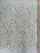Leaf Pattern Sequins Fabric - Clear / Pink - Natural Leaf Beads and Sequins Lace Fabric by the yard