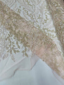 Leaf Pattern Sequins Fabric - Clear / Pink - Natural Leaf Beads and Sequins Lace Fabric by the yard