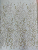 Leaf Pattern Sequins Fabric - Clear / Pink - Natural Leaf Beads and Sequins Lace Fabric by the yard