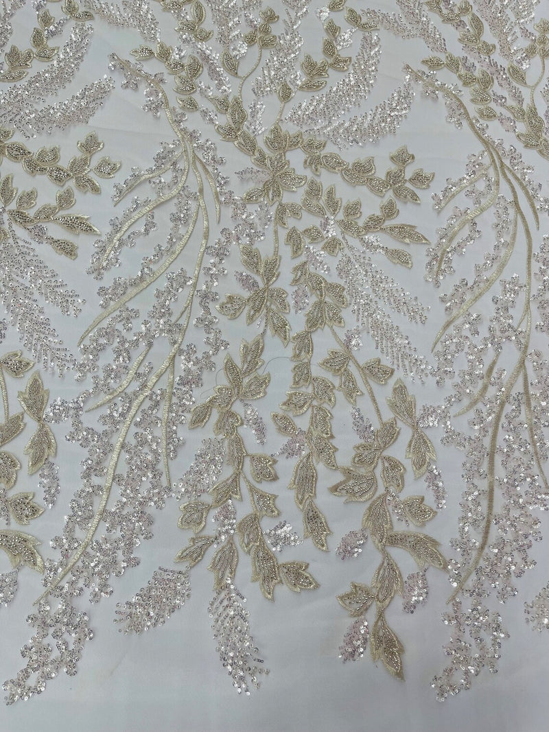 Leaf Pattern Sequins Fabric - Clear / Pink - Natural Leaf Beads and Sequins Lace Fabric by the yard