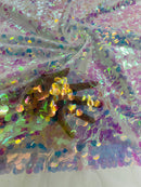 Circle Paillette Sequins - Iridescent Clear Pink - Large Round Paillette Sequins Design Fabric By Yard