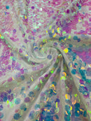 Circle Paillette Sequins - Iridescent Clear Pink - Large Round Paillette Sequins Design Fabric By Yard