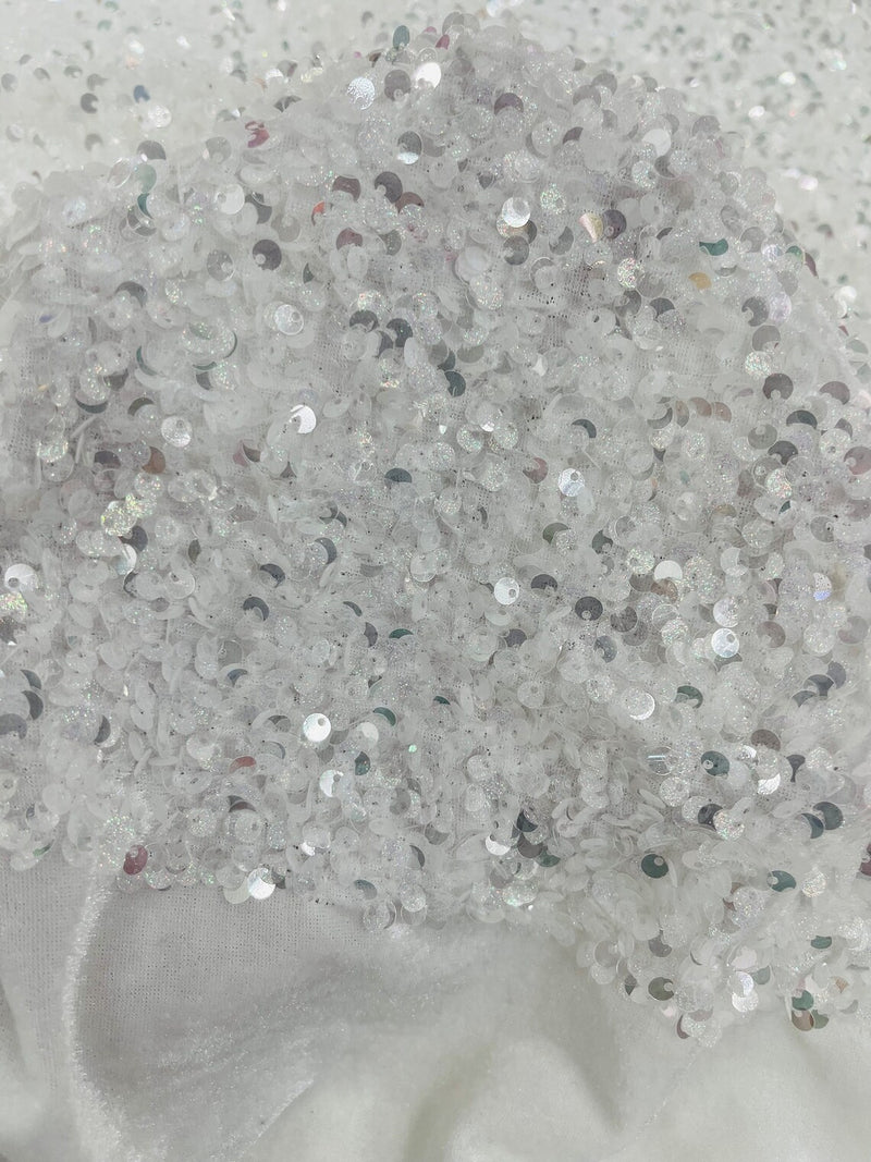58/60" Velvet Sequins Stretch Fabric - Clear / Silver - Velvet Sequins 2 Way Stretch Sold By Yard