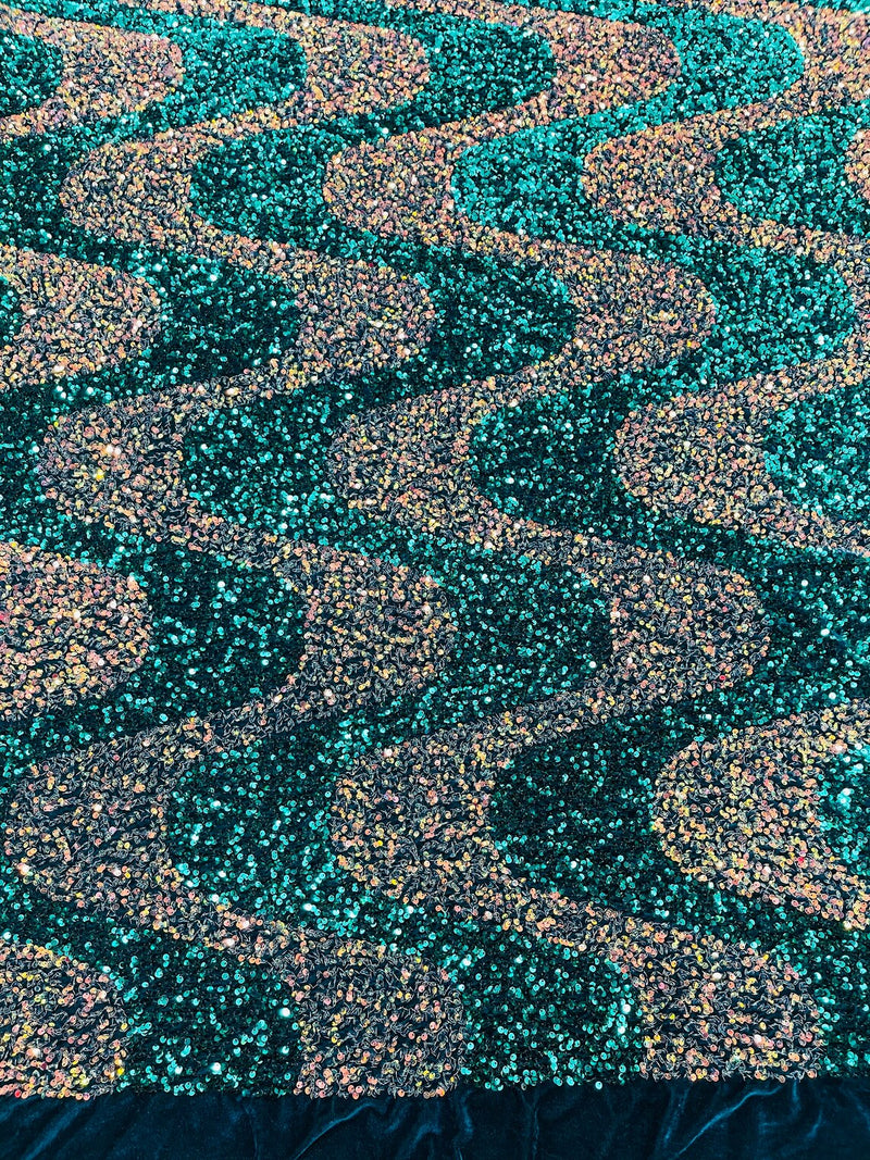 Wavy Line Design Velvet Sequins - Clear / Teal - Velvet Sequins Fabric 2 Way Stretch 58"- 60" By Yard