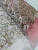 Wavy Lines Leaf Bead Fabric - Clear on Pink - Embroidered Leaf Beaded Mesh By Yard