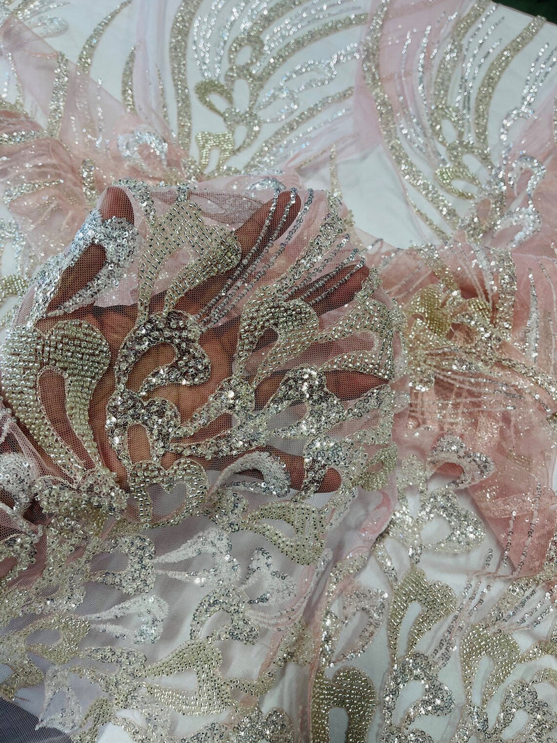 Wavy Lines Leaf Bead Fabric - Clear on Pink - Embroidered Leaf Beaded Mesh By Yard