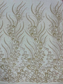 Wavy Lines Leaf Bead Fabric - Clear on Pink - Embroidered Leaf Beaded Mesh By Yard