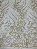 Wavy Lines Leaf Bead Fabric - Clear on Pink - Embroidered Leaf Beaded Mesh By Yard