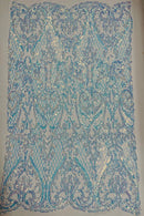 Heart Shape Sequins Fabric - Iridescent Clear on White - 4 Way Stretch Sequins Damask Fabric By Yard