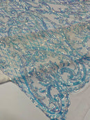 Heart Shape Sequins Fabric - Iridescent Clear on White - 4 Way Stretch Sequins Damask Fabric By Yard