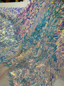 Sword Shaped Sequins - Clear Iridescent - Hanging Iridescent Sequins On Mesh Fabric By Yard
