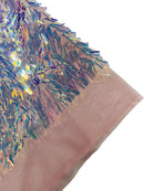 Sword Shaped Sequins - Clear Iridescent - Hanging Iridescent Sequins On Mesh Fabric By Yard