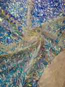 Sword Shaped Sequins - Clear Iridescent - Hanging Iridescent Sequins On Mesh Fabric By Yard