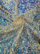 Sword Shaped Sequins - Clear Iridescent - Hanging Iridescent Sequins On Mesh Fabric By Yard