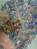 Sword Shaped Sequins - Clear Iridescent - Hanging Iridescent Sequins On Mesh Fabric By Yard