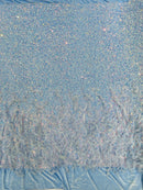 Feather Sequin Velvet Fabric - Clear Iridescent on Blue - 5mm Sequins Velvet 2 Way Stretch 58/60" Fabric By Yard