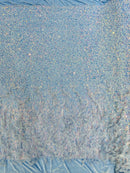 Feather Sequin Velvet Fabric - Clear Iridescent on Blue - 5mm Sequins Velvet 2 Way Stretch 58/60" Fabric By Yard