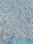 Feather Sequin Velvet Fabric - Clear Iridescent on Blue - 5mm Sequins Velvet 2 Way Stretch 58/60" Fabric By Yard