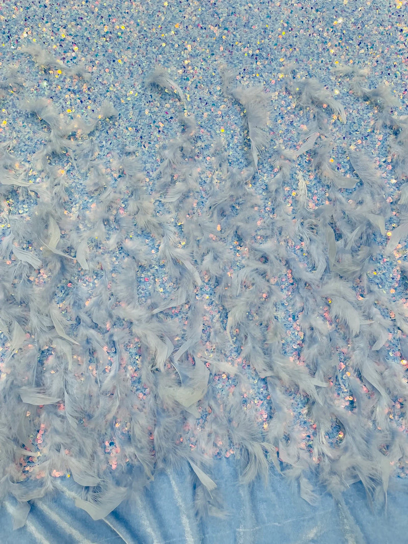 Feather Sequin Velvet Fabric - Clear Iridescent on Blue - 5mm Sequins Velvet 2 Way Stretch 58/60" Fabric By Yard