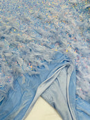 Feather Sequin Velvet Fabric - Clear Iridescent on Blue - 5mm Sequins Velvet 2 Way Stretch 58/60" Fabric By Yard